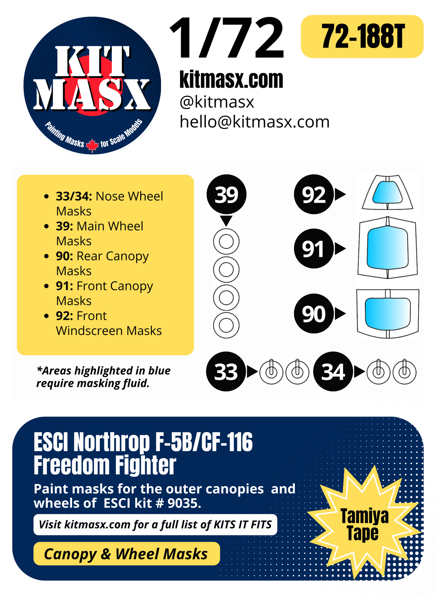 ESCI Northrop F-5B/CF-116 Freedom Fighter 1/72 Canopy & Wheel Paint Masks, Kit # 9035