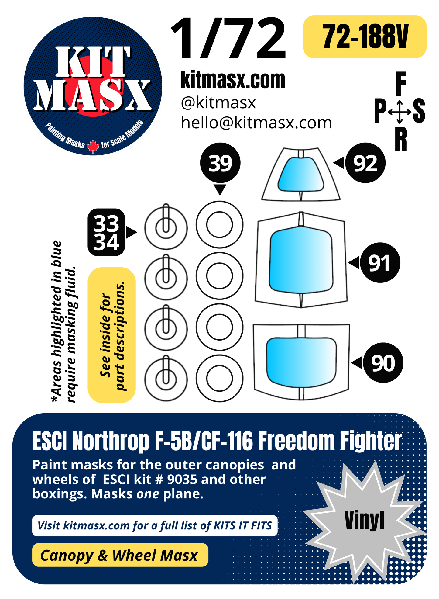 ESCI Northrop F-5B/CF-116 Freedom Fighter 1/72 Canopy & Wheel Paint Masks, Kit # 9035 (72188)