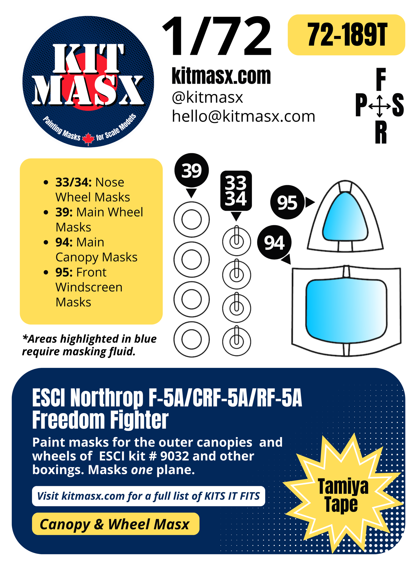 ESCI Northrop F-5A/CRF-5A/RF-5A Freedom Fighter 1/72 Canopy & Wheel Paint Masks, Kit # 9032