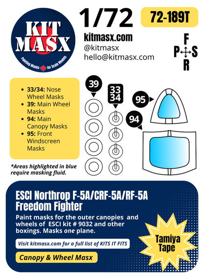 ESCI Northrop F-5A/CRF-5A/RF-5A Freedom Fighter 1/72 Canopy & Wheel Paint Masks, Kit # 9032
