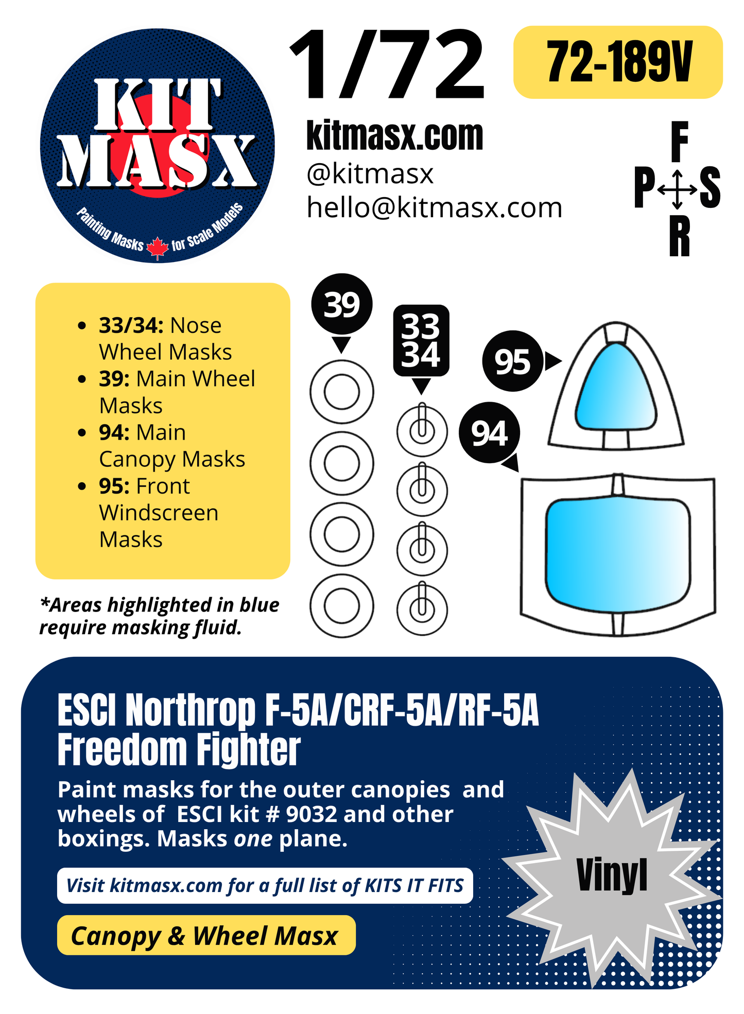 ESCI Northrop F-5A/CRF-5A/RF-5A Freedom Fighter 1/72 Canopy & Wheel Paint Masks, Kit # 9032