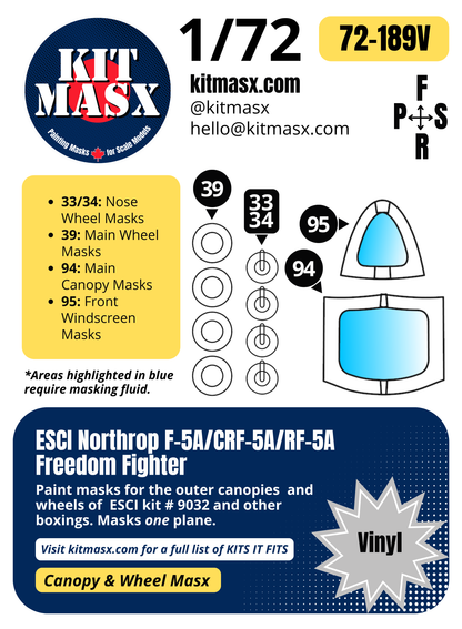 ESCI Northrop F-5A/CRF-5A/RF-5A Freedom Fighter 1/72 Canopy & Wheel Paint Masks, Kit # 9032