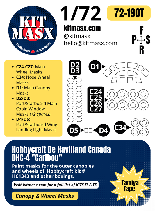 Hobbycraft De Havilland Canada DHC-4 "Caribou" 1/72 Canopy & Wheel Paint Masks, Kit # HC1343