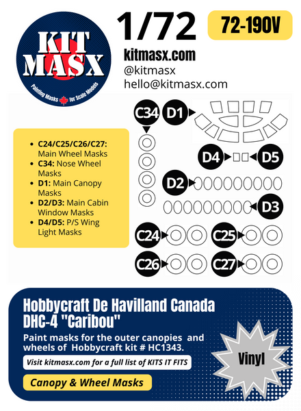 Hobbycraft De Havilland Canada DHC-4 "Caribou" 1/72 Canopy & Wheel Paint Masks, Kit # HC1343