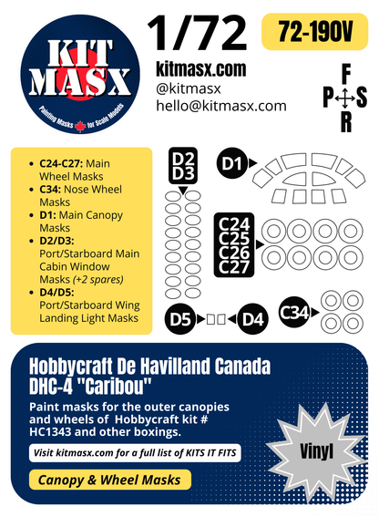 Hobbycraft De Havilland Canada DHC-4 "Caribou" 1/72 Canopy & Wheel Paint Masks, Kit # HC1343