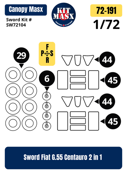 Sword Fiat G.55 Centauro 2 in 1 1/72 Canopy & Wheel Paint Masks, Kit # SW 72104 (72191)