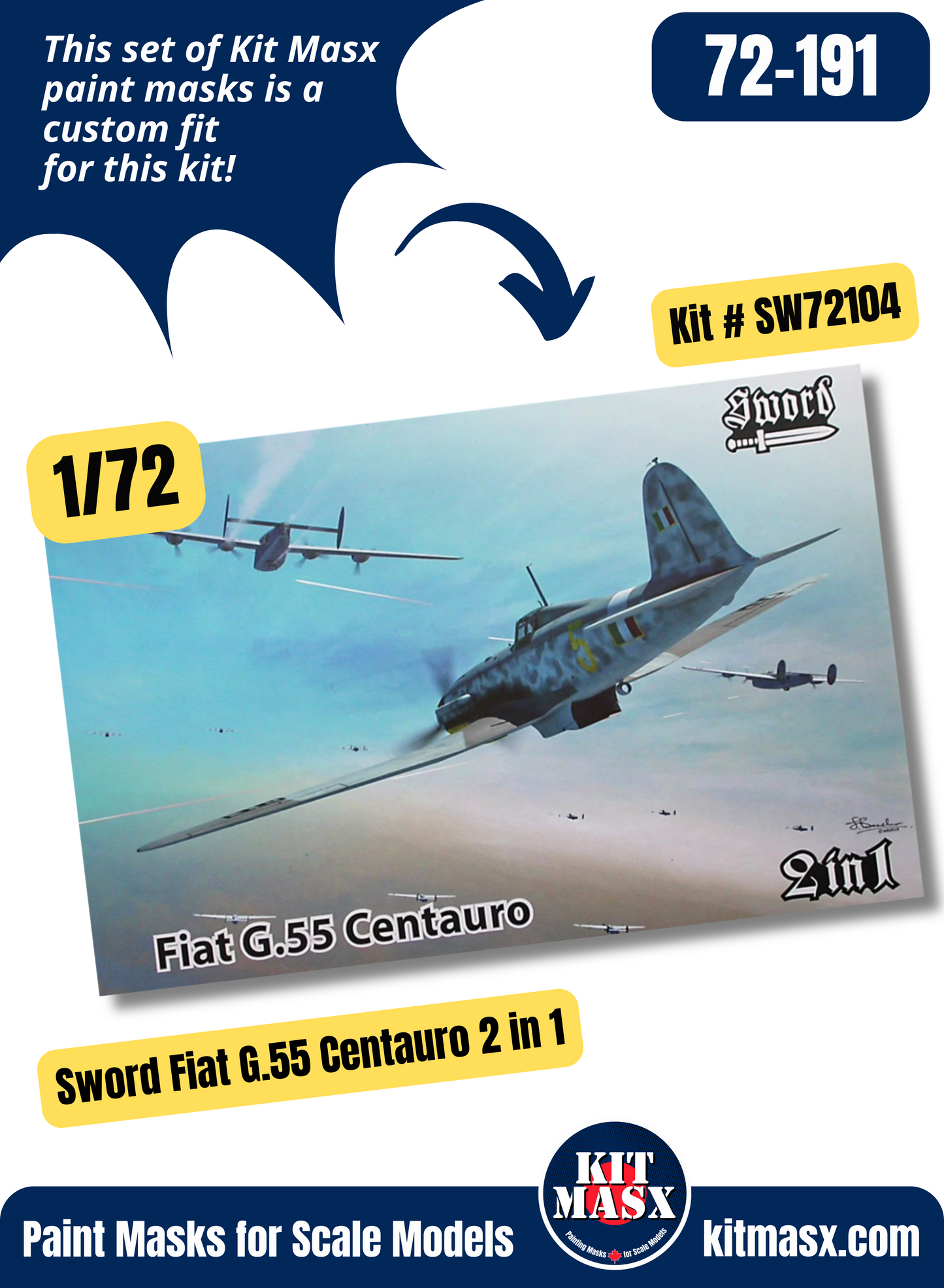 Sword Fiat G.55 Centauro 2 in 1 1/72 Canopy & Wheel Paint Masks, Kit # SW 72104