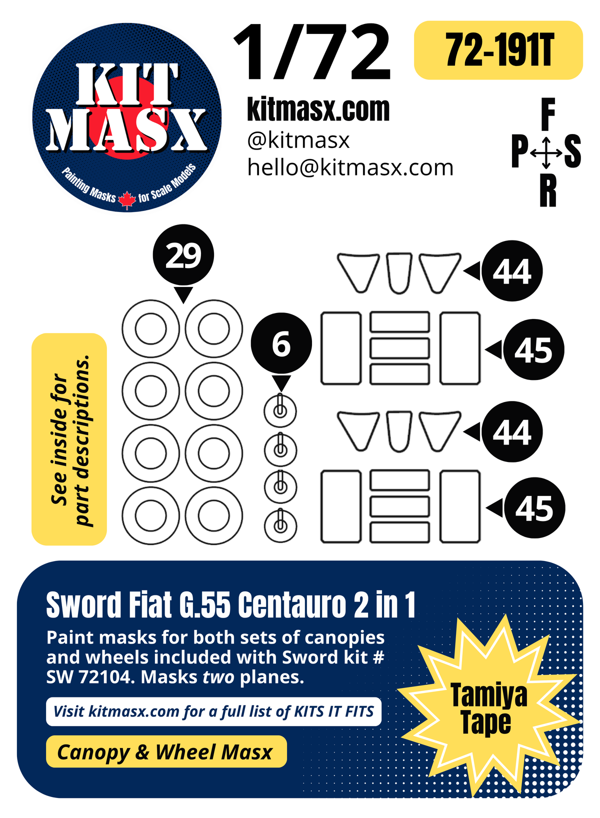 Sword Fiat G.55 Centauro 2 in 1 1/72 Canopy & Wheel Paint Masks, Kit # SW 72104 (72191)