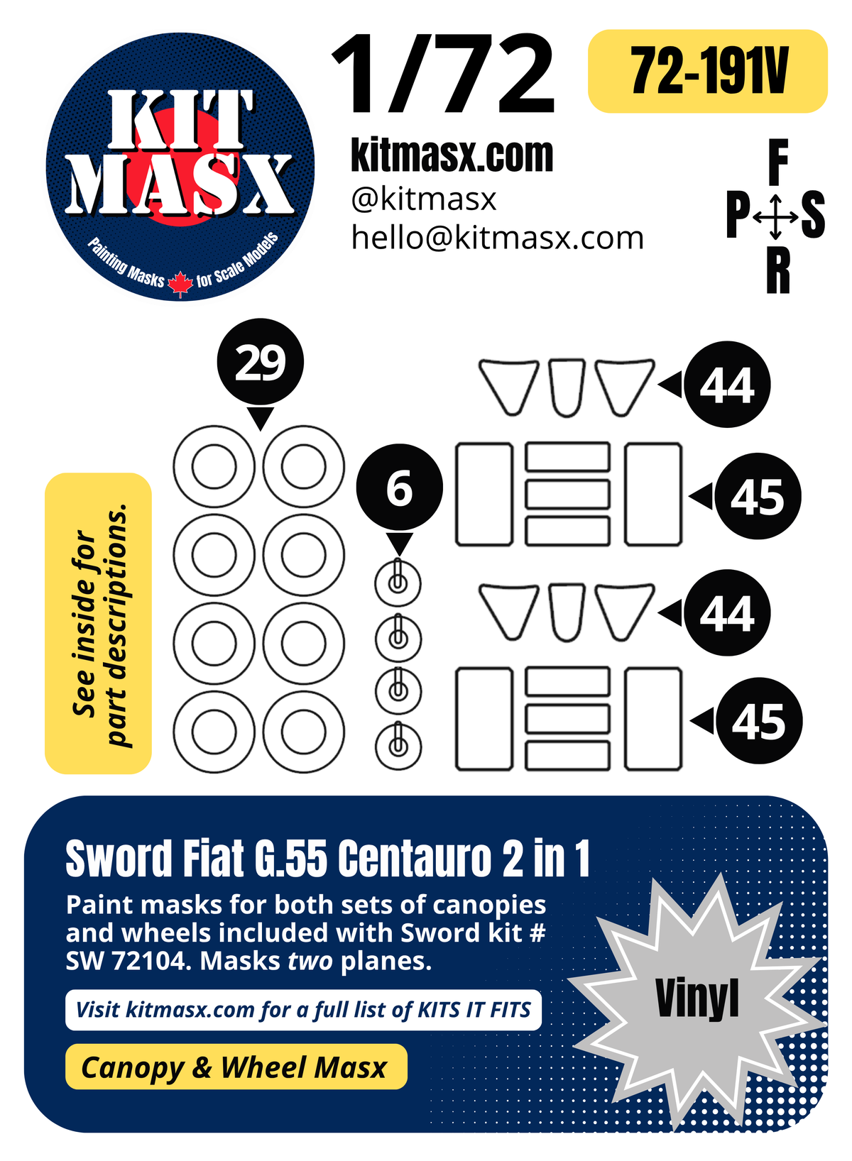 Sword Fiat G.55 Centauro 2 in 1 1/72 Canopy & Wheel Paint Masks, Kit # SW 72104 (72191)