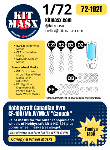 Hobbycraft Canadian Avro CF-100/Mk.IV/Mk.V "Canuck" 1/72 Canopy & Wheel Paint Masks, Kit # HC1391