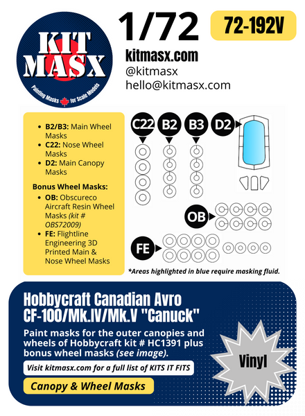 Hobbycraft Canadian Avro CF-100/Mk.IV/Mk.V "Canuck" 1/72 Canopy & Wheel Paint Masks, Kit # HC1391