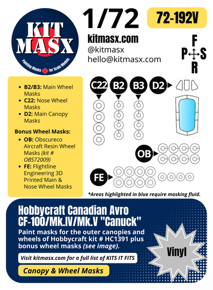 Hobbycraft Canadian Avro CF-100/Mk.IV/Mk.V "Canuck" 1/72 Canopy & Wheel Paint Masks, Kit # HC1391