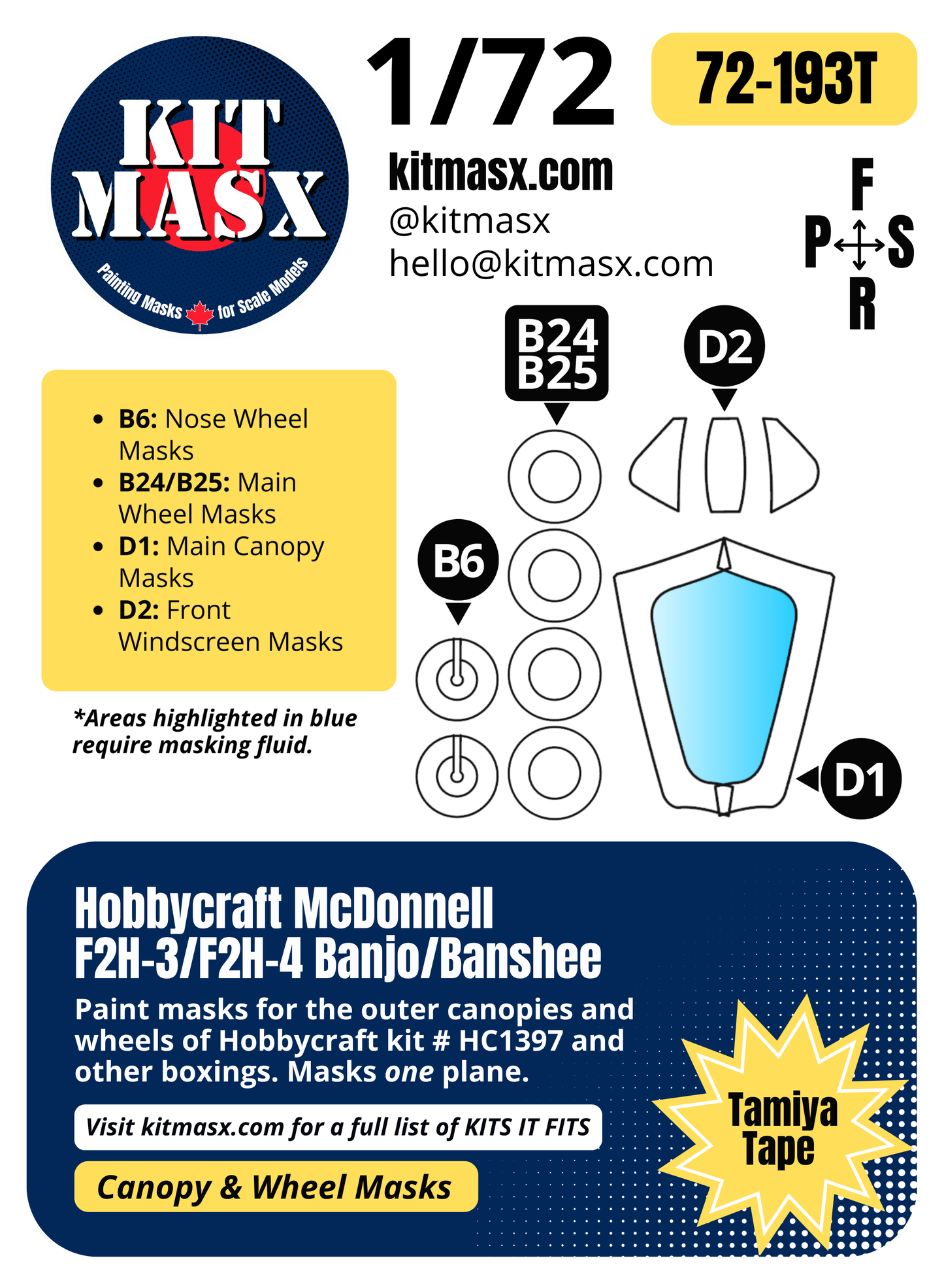 Hobbycraft McDonnell F2H-3/F2H-4 Banjo/Banshee 1/72 Canopy & Wheel Paint Masks, Kit # HC1397