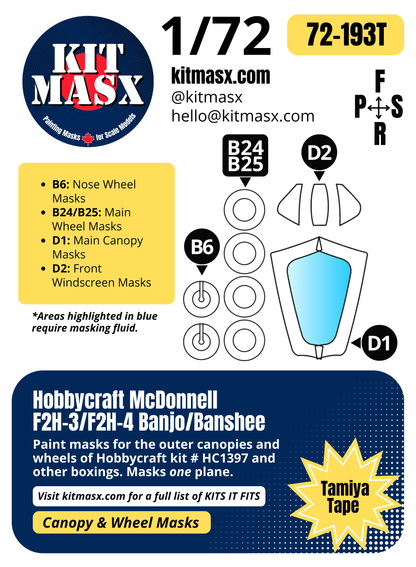 Hobbycraft McDonnell F2H-3/F2H-4 Banjo/Banshee 1/72 Canopy & Wheel Paint Masks, Kit # HC1397