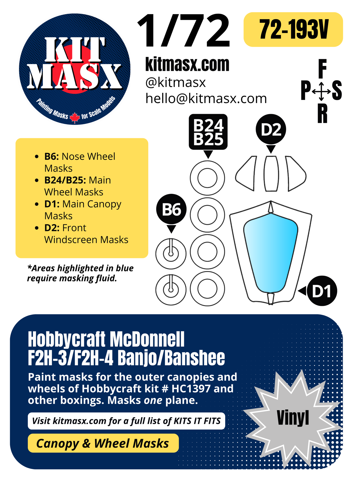 Hobbycraft McDonnell F2H-3/F2H-4 Banjo/Banshee 1/72 Canopy & Wheel Paint Masks, Kit # HC1397