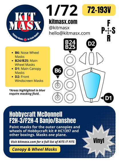 Hobbycraft McDonnell F2H-3/F2H-4 Banjo/Banshee 1/72 Canopy & Wheel Paint Masks, Kit # HC1397