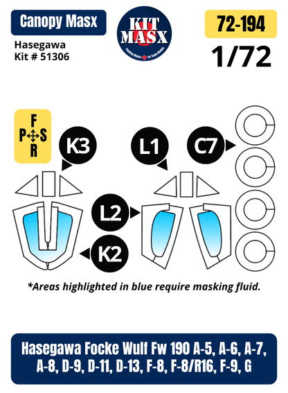 Hasegawa Focke Wulf Fw 190 A-5, A-6, A-7, A-8, D-9, D-11, D-13, F-8, F-8/R16, F-9, G 1/72 Canopy & Wheel Paint Masks, Kit # 51306 (72194)