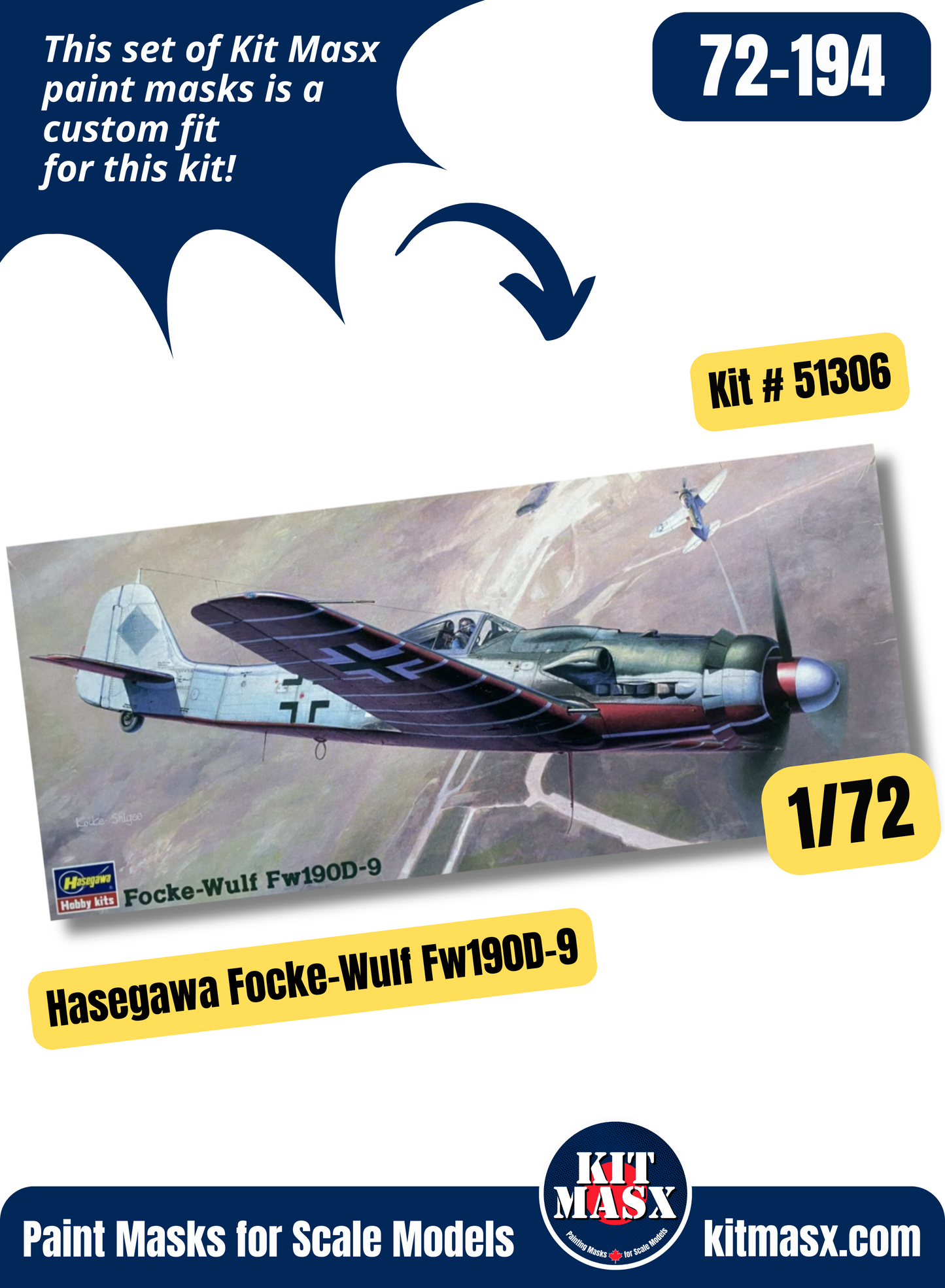 Hasegawa Focke Wulf Fw 190 A-5, A-6, A-7, A-8, D-9, D-11, D-13, F-8, F-8/R16, F-9, G 1/72 Canopy & Wheel Paint Masks, Kit # 51306