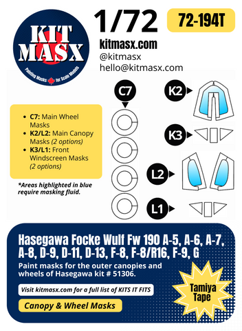 Hasegawa Focke Wulf Fw 190 A-5, A-6, A-7, A-8, D-9, D-11, D-13, F-8, F-8/R16, F-9, G 1/72 Canopy & Wheel Paint Masks, Kit # 51306