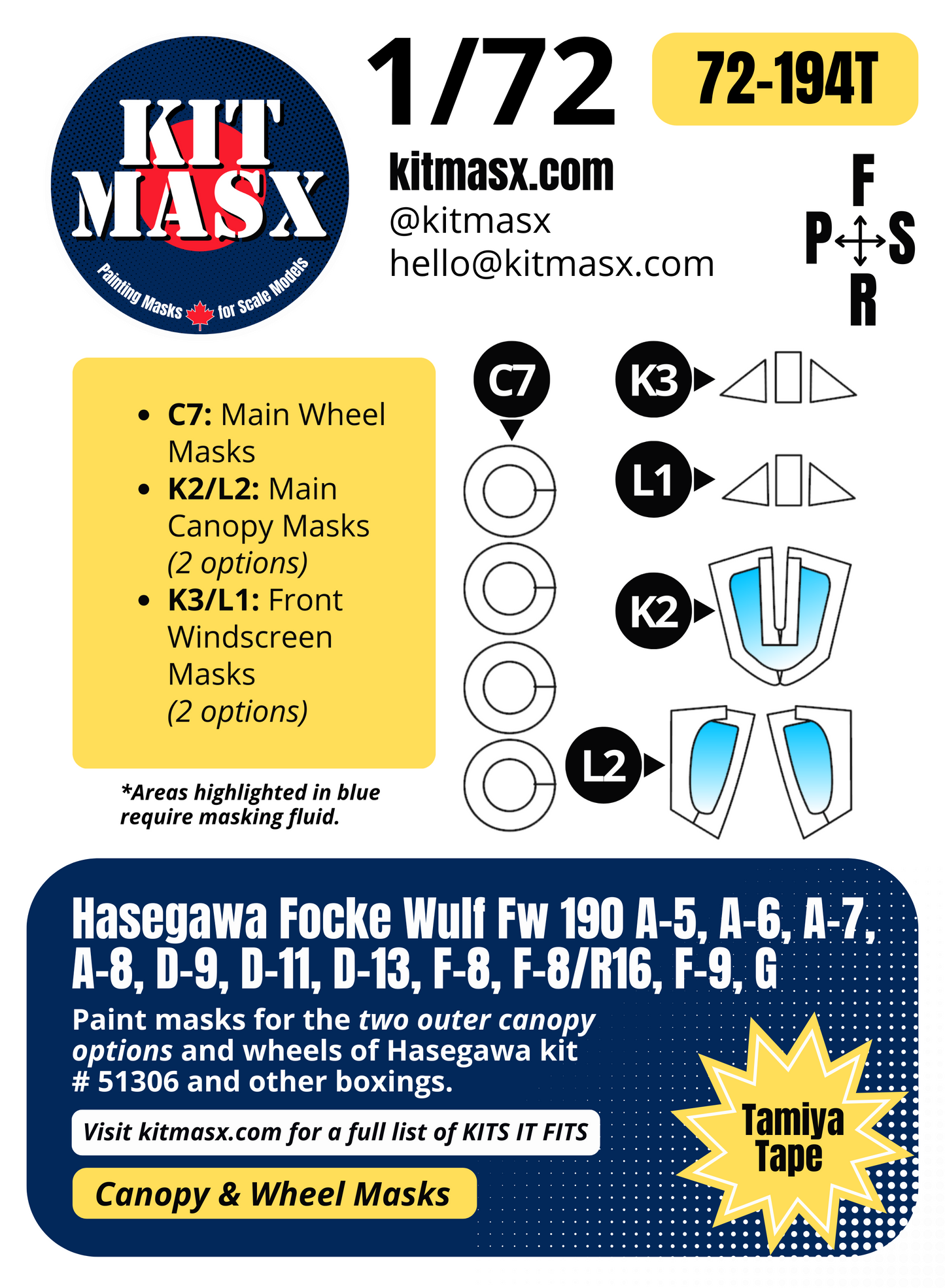 Hasegawa Focke Wulf Fw 190 A-5, A-6, A-7, A-8, D-9, D-11, D-13, F-8, F-8/R16, F-9, G 1/72 Canopy & Wheel Paint Masks, Kit # 51306