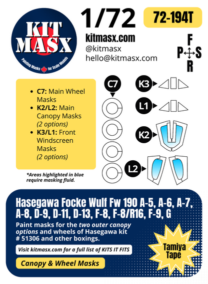 Hasegawa Focke Wulf Fw 190 A-5, A-6, A-7, A-8, D-9, D-11, D-13, F-8, F-8/R16, F-9, G 1/72 Canopy & Wheel Paint Masks, Kit # 51306