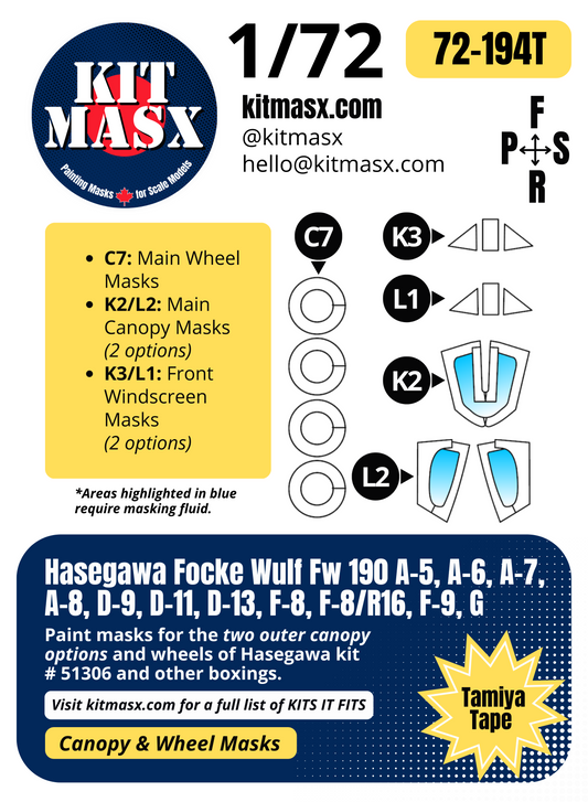 Hasegawa Focke Wulf Fw 190 A-5, A-6, A-7, A-8, D-9, D-11, D-13, F-8, F-8/R16, F-9, G 1/72 Canopy & Wheel Paint Masks, Kit # 51306