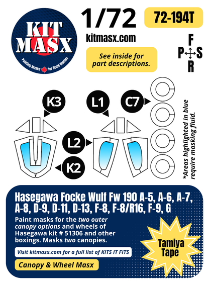 Hasegawa Focke Wulf Fw 190 A-5, A-6, A-7, A-8, D-9, D-11, D-13, F-8, F-8/R16, F-9, G 1/72 Canopy & Wheel Paint Masks, Kit # 51306 (72194)