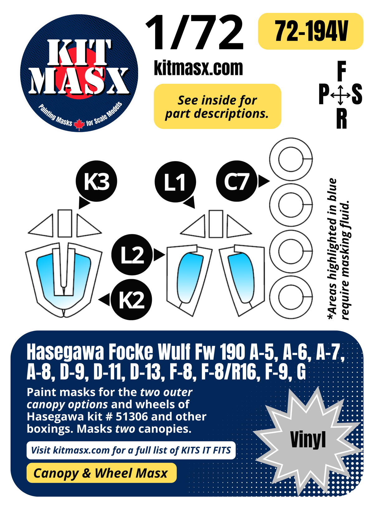 Hasegawa Focke Wulf Fw 190 A-5, A-6, A-7, A-8, D-9, D-11, D-13, F-8, F-8/R16, F-9, G 1/72 Canopy & Wheel Paint Masks, Kit # 51306 (72194)
