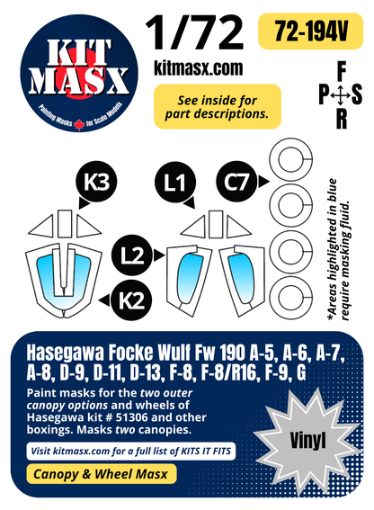 Hasegawa Focke Wulf Fw 190 A-5, A-6, A-7, A-8, D-9, D-11, D-13, F-8, F-8/R16, F-9, G 1/72 Canopy & Wheel Paint Masks, Kit # 51306 (72194)