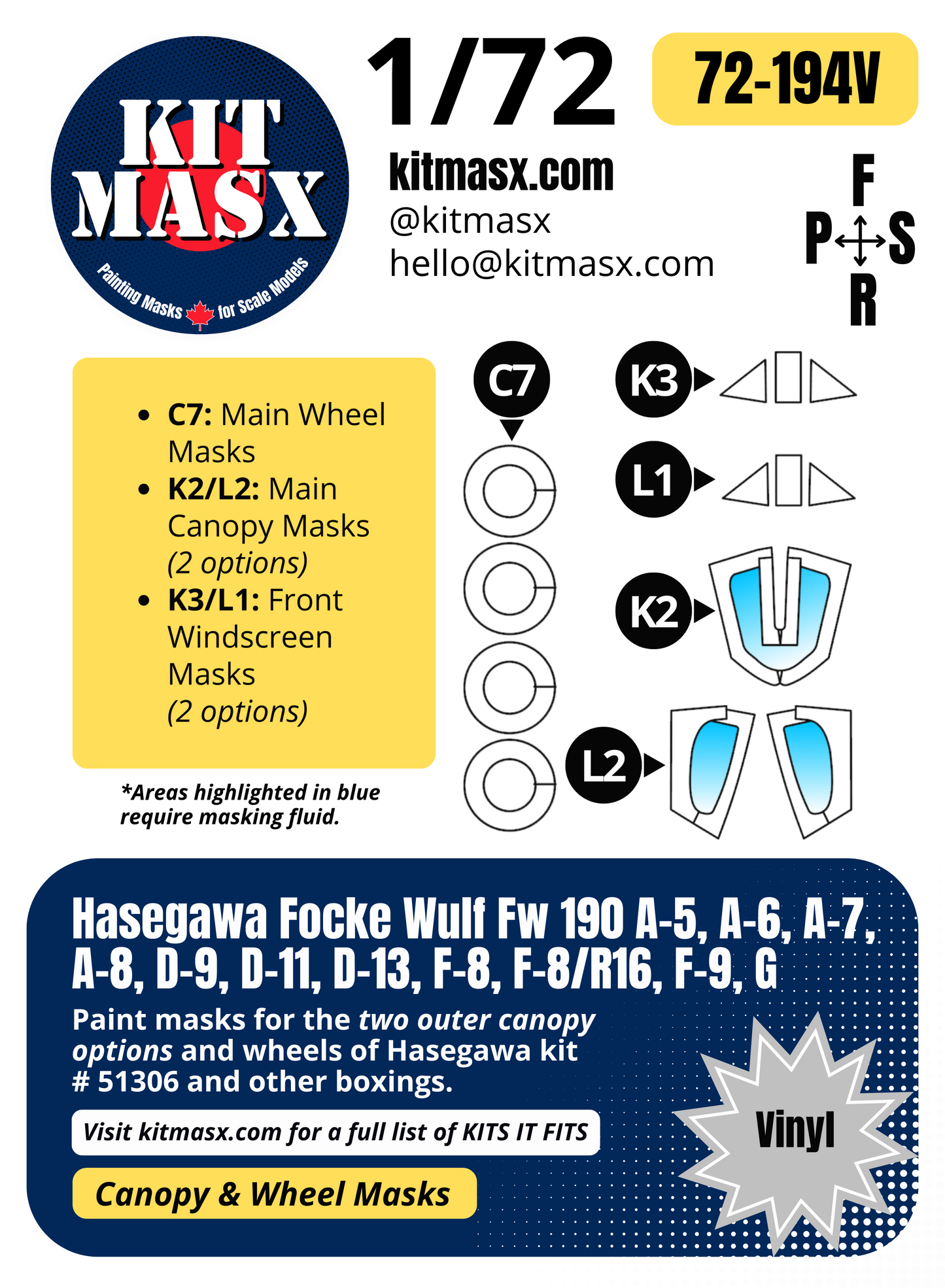 Hasegawa Focke Wulf Fw 190 A-5, A-6, A-7, A-8, D-9, D-11, D-13, F-8, F-8/R16, F-9, G 1/72 Canopy & Wheel Paint Masks, Kit # 51306