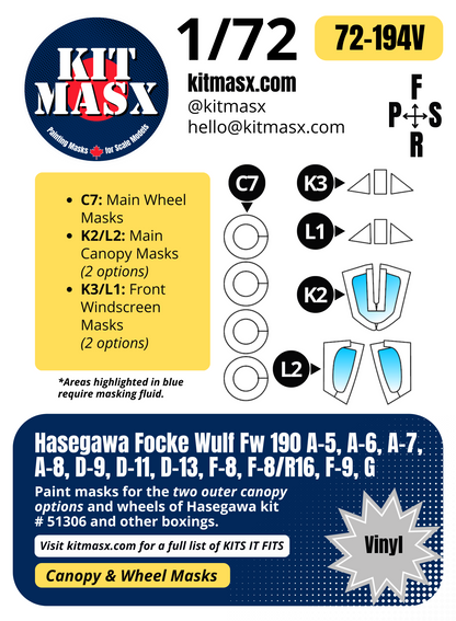 Hasegawa Focke Wulf Fw 190 A-5, A-6, A-7, A-8, D-9, D-11, D-13, F-8, F-8/R16, F-9, G 1/72 Canopy & Wheel Paint Masks, Kit # 51306
