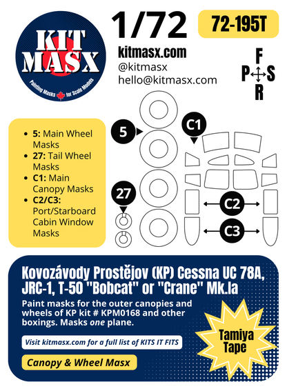 Kovozávody Prostějov (KP) Cessna UC-78A, JRC-1, T-50 "Bobcat" or "Crane" Mk.Ia 1/72 Canopy & Wheel Paint Masks, Kit # KPM0168 (72195)