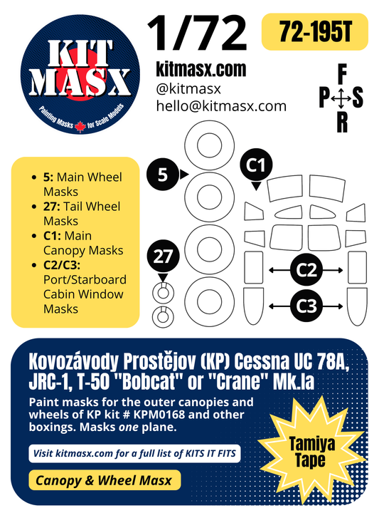 Kovozávody Prostějov (KP) Cessna UC-78A, JRC-1, T-50 "Bobcat" or "Crane" Mk.Ia 1/72 Canopy & Wheel Paint Masks, Kit # KPM0168 (72195)