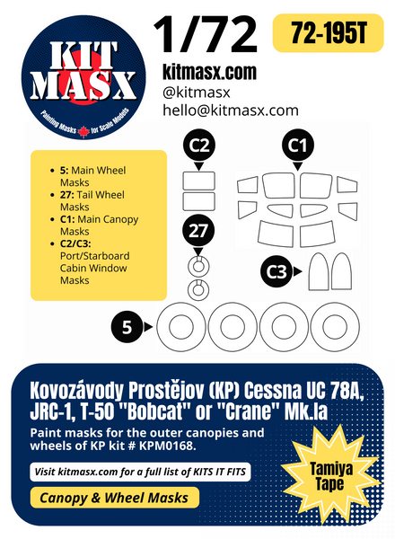 Kovozávody Prostějov (KP) Cessna UC-78A, JRC-1, T-50 "Bobcat" or "Crane" Mk.Ia 1/72 Canopy & Wheel Paint Masks, Kit # KPM0168