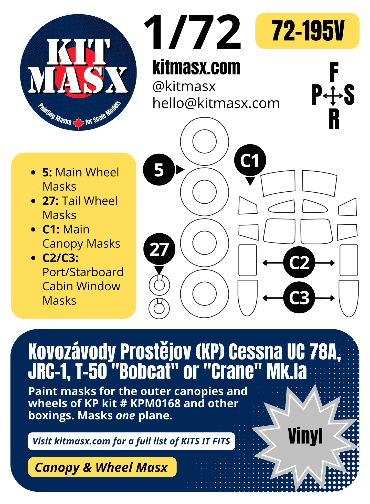 Kovozávody Prostějov (KP) Cessna UC-78A, JRC-1, T-50 "Bobcat" or "Crane" Mk.Ia 1/72 Canopy & Wheel Paint Masks, Kit # KPM0168 (72195)