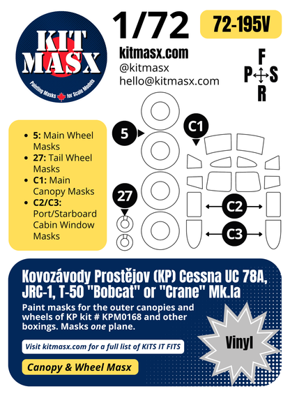 Kovozávody Prostějov (KP) Cessna UC-78A, JRC-1, T-50 "Bobcat" or "Crane" Mk.Ia 1/72 Canopy & Wheel Paint Masks, Kit # KPM0168 (72195)