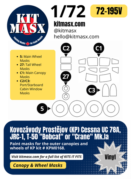 Kovozávody Prostějov (KP) Cessna UC-78A, JRC-1, T-50 "Bobcat" or "Crane" Mk.Ia 1/72 Canopy & Wheel Paint Masks, Kit # KPM0168