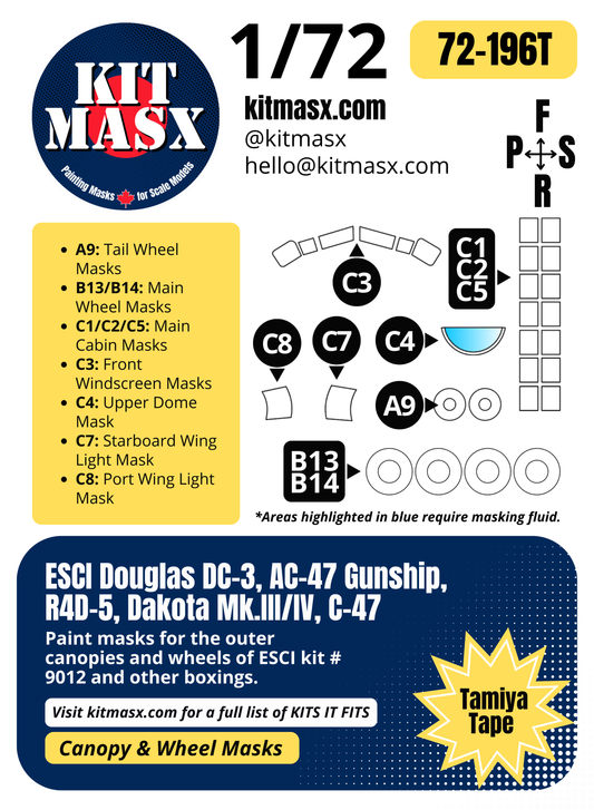 ESCI Douglas DC-3, AC-47 Gunship, R4D-5, Dakota Mk.III/IV, C-47 1/72 Canopy & Wheel Paint Masks, Kit # 9012