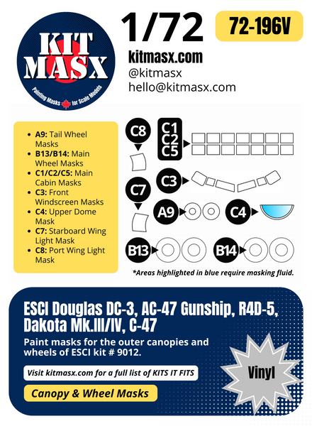 ESCI Douglas DC-3, AC-47 Gunship, R4D-5, Dakota Mk.III/IV, C-47 1/72 Canopy & Wheel Paint Masks, Kit # 9012