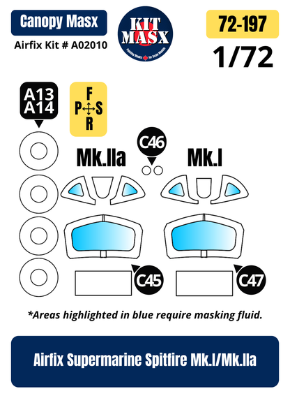 Airfix Supermarine Spitfire Mk.I/Mk.IIa 1/72 Canopy & Wheel Paint Masks, Kit # A02010 (72197)