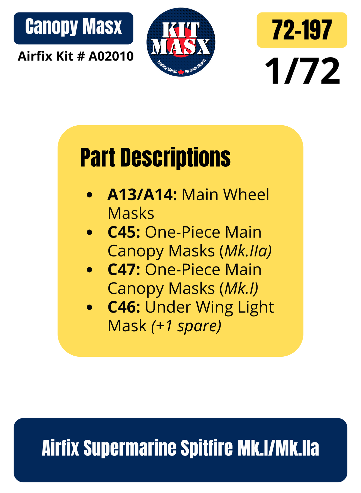 Airfix Supermarine Spitfire Mk.I/Mk.IIa 1/72 Canopy & Wheel Paint Masks, Kit # A02010 (72197)