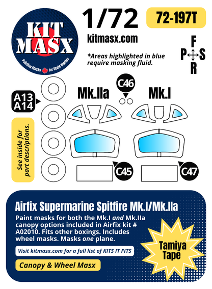 Airfix Supermarine Spitfire Mk.I/Mk.IIa 1/72 Canopy & Wheel Paint Masks, Kit # A02010 (72197)