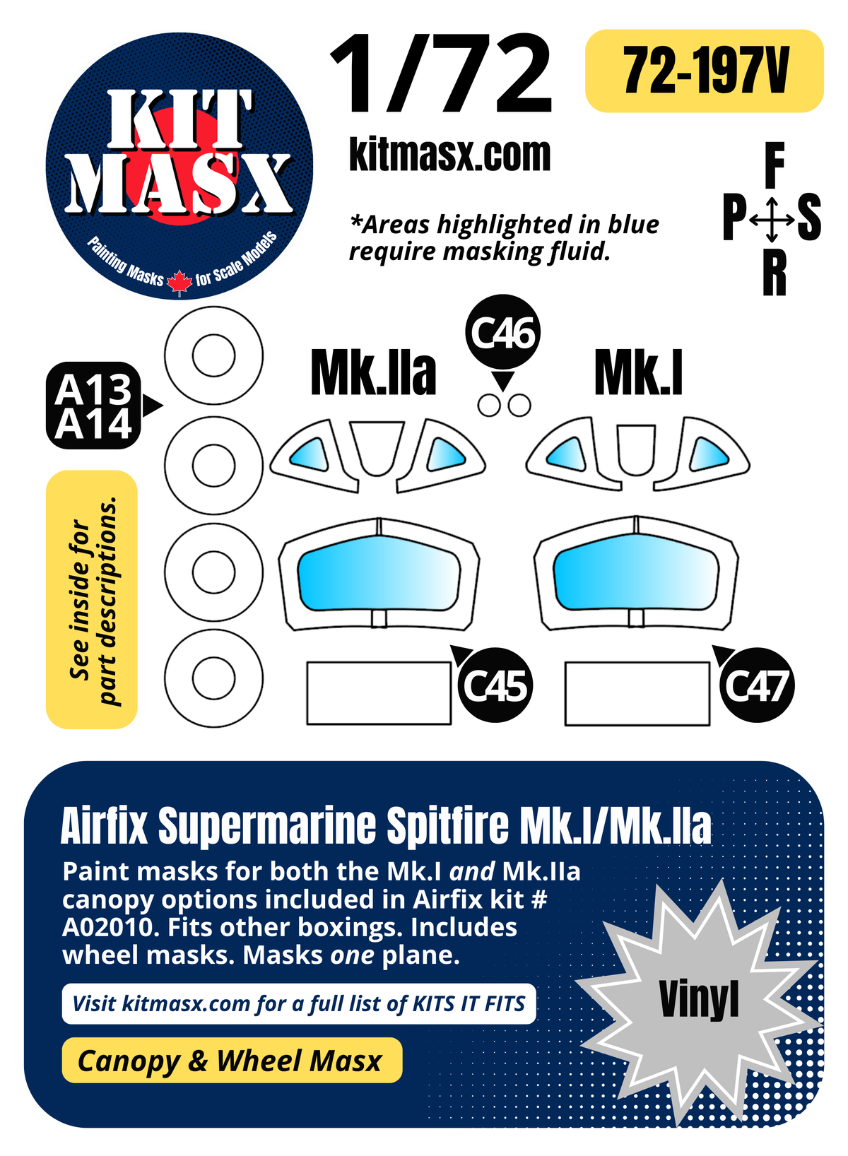 Airfix Supermarine Spitfire Mk.I/Mk.IIa 1/72 Canopy & Wheel Paint Masks, Kit # A02010 (72197)