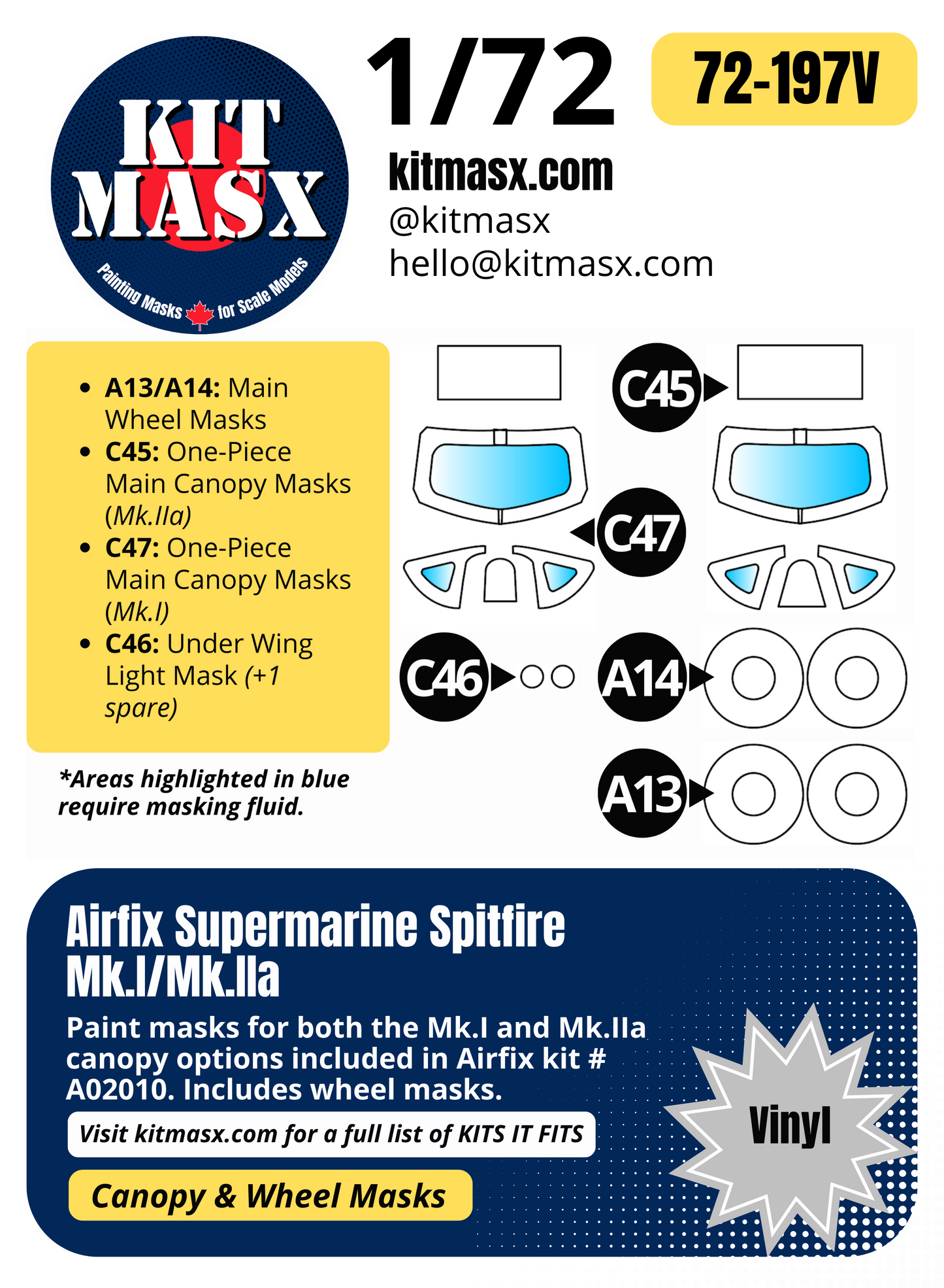 Airfix Supermarine Spitfire Mk.I/Mk.IIa 1/72 Canopy & Wheel Paint Masks, Kit # A02010