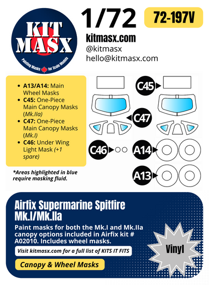 Airfix Supermarine Spitfire Mk.I/Mk.IIa 1/72 Canopy & Wheel Paint Masks, Kit # A02010
