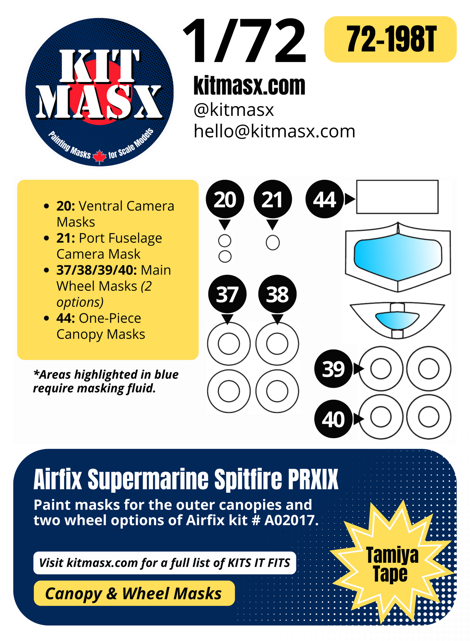 Airfix Supermarine Spitfire PRXIX 1/72 Canopy & Wheel Paint Masks, Kit # A02017