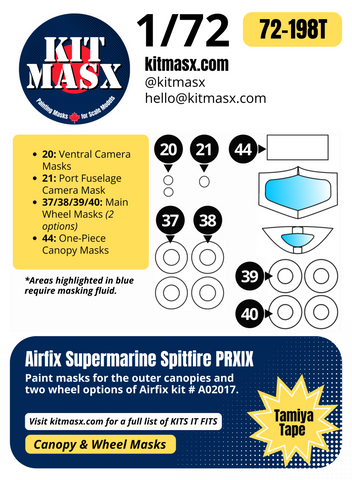 Airfix Supermarine Spitfire PRXIX 1/72 Canopy & Wheel Paint Masks, Kit # A02017