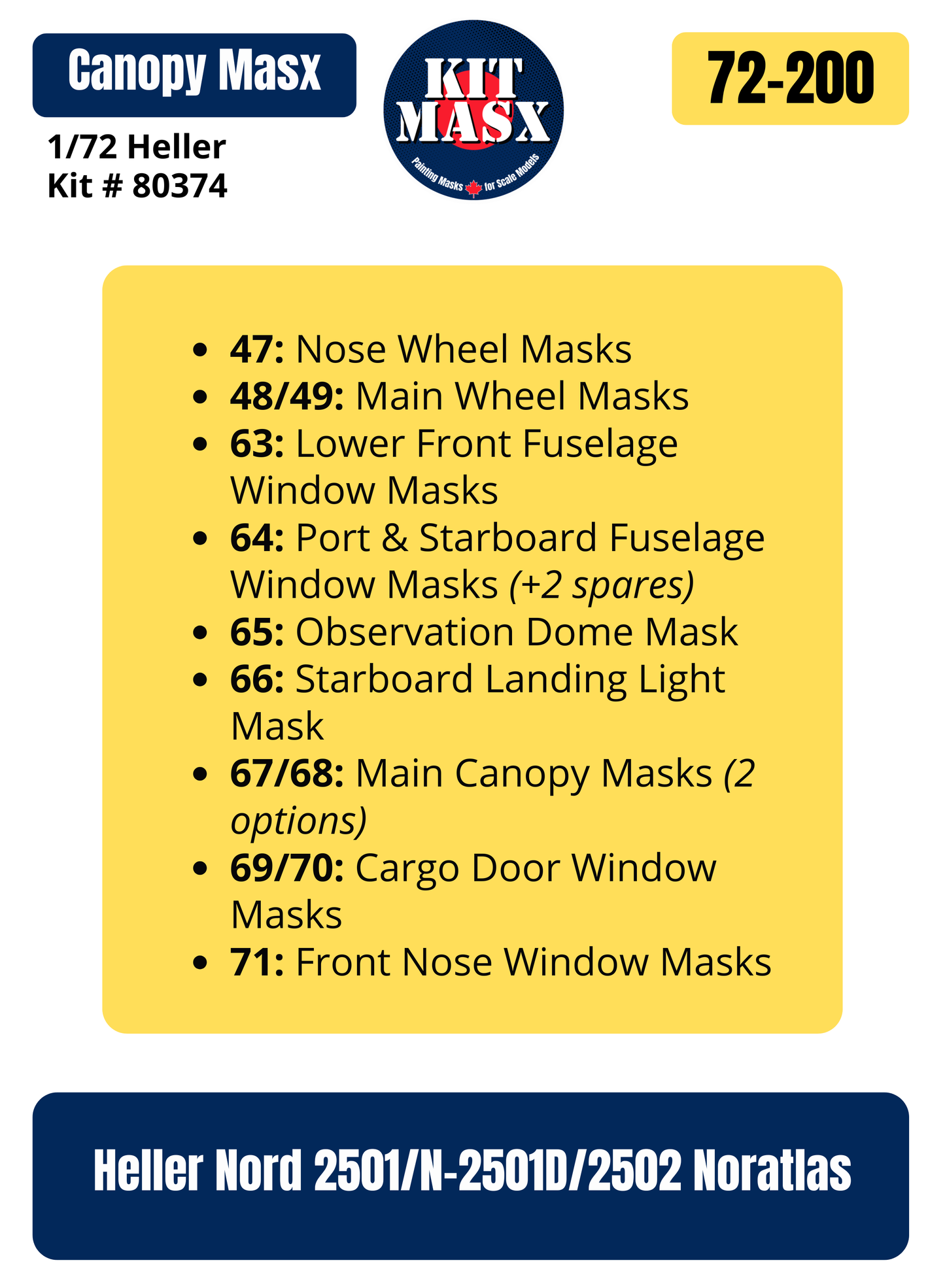 Heller Nord 2501/N-2501D/2502 Noratlas 1/72 Canopy & Wheel Paint Masks, Kit # 80374