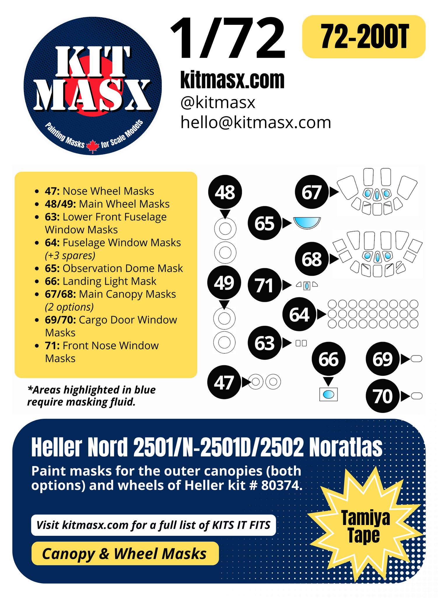 Heller Nord 2501/N-2501D/2502 Noratlas 1/72 Canopy & Wheel Paint Masks, Kit # 80374