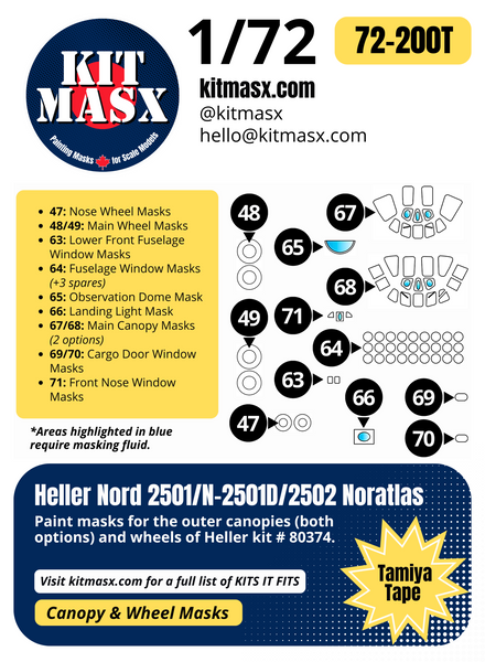 Heller Nord 2501/N-2501D/2502 Noratlas 1/72 Canopy & Wheel Paint Masks, Kit # 80374